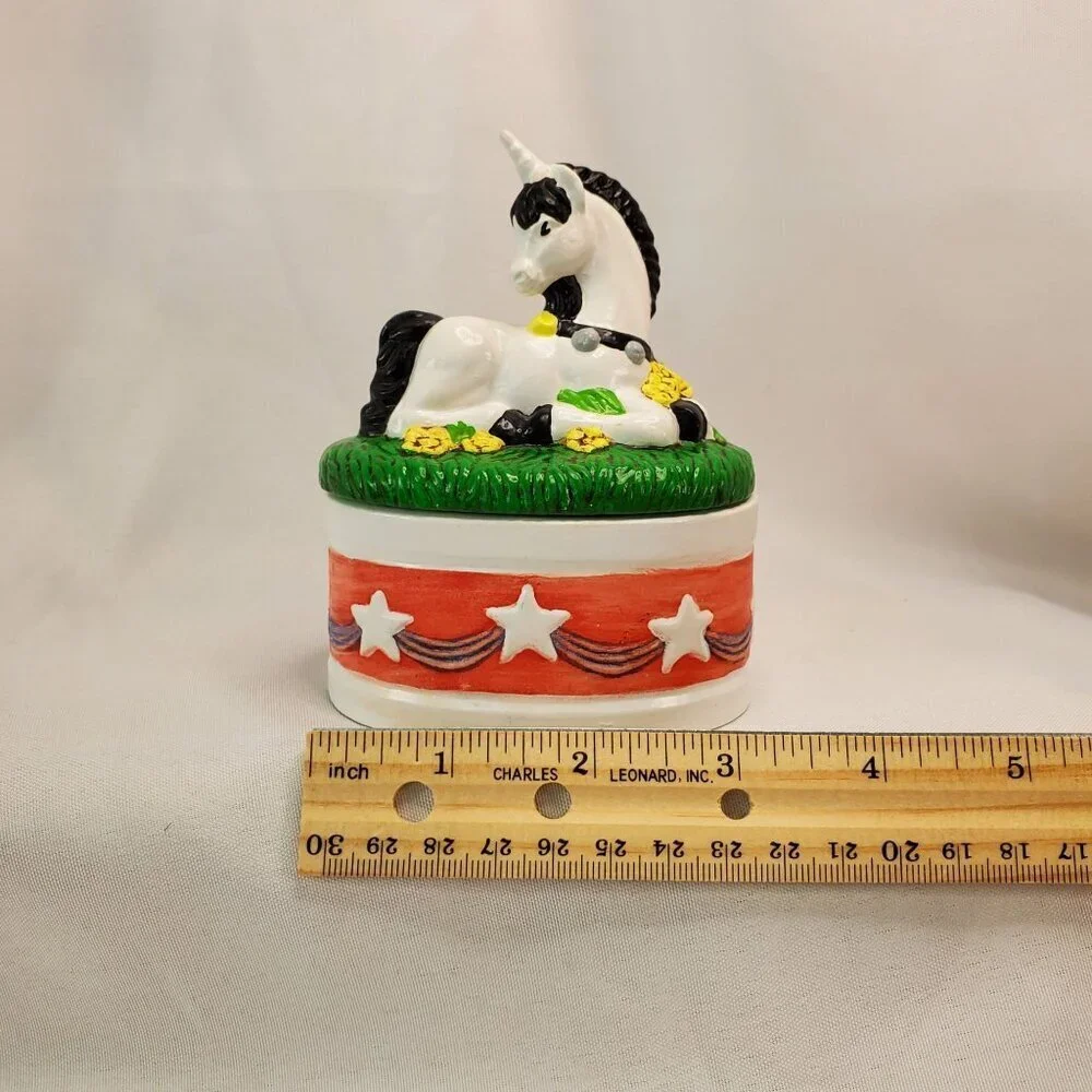 Vintage Y2K Hand painted Ceramic Unicorn Small Trinket Jewelry Box Holder